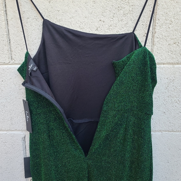 Lulu's | Take Me Anywhere Green Sparkly Asymmetrical Bodycon Mini Dress NEW - Picture 7 of 7
